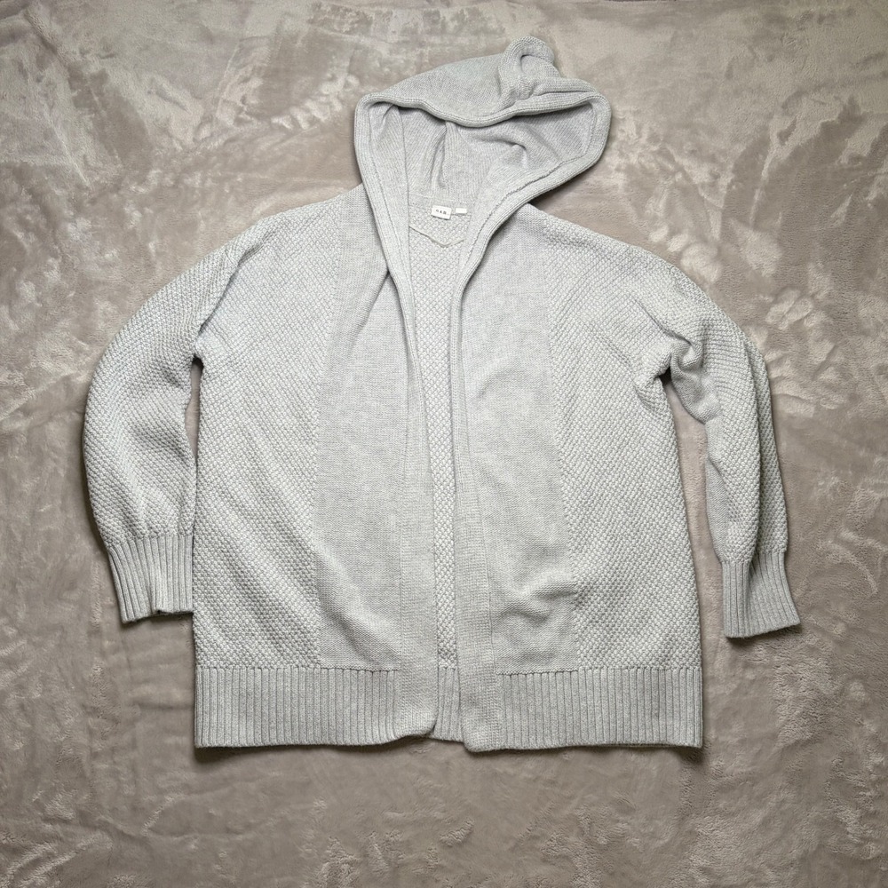 Gap Open Front Hooded Cardigan Sweater Womens L Gray Textured Knit Cotton Casual